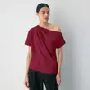 Top Asimétrico de Manga Corta Estilo Europeo y Americano con Pliegues Fruncidos, Diseño de un Solo Hombro, Camiseta Elegante para el Trabajo con un Toque Maduro