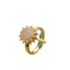 Anillo de Flor de Cobre Micro-Pavimentado con Circonita para Mujer, Giratorio, Lindo y Dulce, Anillo Abierto de Girasol Completamente Diamantado