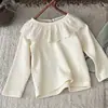 Estilo INS Primavera e Outono Bebê e Criança Pequena Costela Gola Grande de Renda Folha de Lótus Manga Longa Top para Meninas Camisa Camada Interna Base Princesa