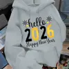 Moletom com Capuz Estampado de Ano Novo 2026 Masculino - Design com Números Dourados 2026 & Feliz Ano Novo, Cinza