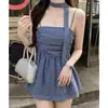 Fotos Reales, Precio Real # Camisola de Cuadros Azules Estilo Francés para Mujer, Nuevo Diseño de Verano con Cintas Únicas y Distintivas.