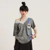 En stock, calidad originalNueva camiseta de verano de manga corta con cuello en V y encaje empalmado