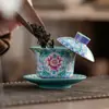 Gaiwan Sancai Vintage de Alto Brilho com Esmalte Completo Queimado a Lenha com o Sutra do Coração de Dez Mil Budas, Conjunto de Chá Kung Fu Tigela de Chá Flutuante Cerâmica