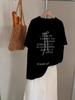 Camiseta de manga corta de algodón puro negro estilo americano con estampado de letras retro para mujer, nueva prenda de verano 2024, ajustada y combinable.