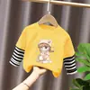 Camiseta de Moda Holgada con Parches de Dibujos y Rayas para Niños Mayores, Nueva Camiseta Básica de Primavera y Otoño para Niños, Manga Larga para Niñas