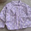Pijama de duas camadas de gaze com estampa de patinho roxo, lapela, manga longa e calça longa para mulheres, conjunto fofo de algodão em gaze, modelagem solta para casa