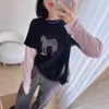 Algodón Cepillado Engrosado Falso Dos Piezas Diseño Primavera Temprana 2026 Estampado de Nicho Color Pony Bloque de Color Camiseta de Manga Larga Top para Mujer