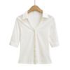 7639-25 Nuevo Estilo de Verano Francés Sexy Sexy Cintura Cuello Polo de Solapa Simple Manga Media Camisa Casual