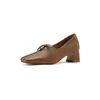 Zapatos de Cuero Pequeños Estilo Británico Retro Piel de Oveja Tacón Grueso Punta Cuadrada Con Cordones Tacones Altos Zapatos de Calle Tacón Medio Boca Profunda para Mujer