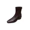 Em estoque Sapatos femininos estilo coreano Botas femininas 2026 Salto grosso Bico quadrado pequeno Moda retalhada com saias Modela as pernas para parecerem mais longas Botas curtas