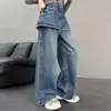 Calças Jeans Femininas Ruffle Falso Duas Peças Tamanhos Médio e Grande Nova Coleção Primavera e Outono 2026 Estilo Influenciador Digital Casual Calças Longas Calças Casuais Estilosas
