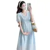 2026 Nuevo Estilo de Verano Moda y Elegante Holgado que Cubre el Vientre Francés Cuello en V Vestido Largo de Maternidad