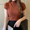 Tejido de punto coreano de cuello alto medio y manga corta para mujer, nuevo de verano, elegante, para llevar debajo, ajuste ceñido, top corto, camiseta