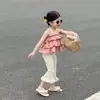 Verano 2025 nuevo ropa infantil coreana para niñas top de tirantes de cuadros con volantes pantalones acampanados de encaje