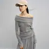 Camiseta Manga Longa Gola Assimétrica para Mulheres 26 Primavera & Outono Versátil Estilo Coreano Elegante Tricô Pulôver de Tencel Lã