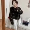 Suéter Corto Jacquard de Contraste con Forma de Corazón de Cuello Redondo Coreano para Mujer, Nuevo Estilo Perezoso Holgado Adelgazante para Primavera y Otoño