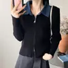 Cardigã de tricô suave estilo coreano para mulheres, novo modelo outono e inverno, jeans patchwork falso de duas peças com gola virada, jaqueta versátil