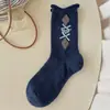 Calcetines de estilo retro coreano con patrón de rombos y lazo para mujer, de media pantorrilla, versátiles, sin costuras, calcetines de algodón estilo universitario, calcetines superpuestos, algodón peinado