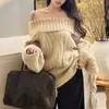 Suéter de Punto Trenzado a la Moda para Mujer 2025, Perezoso, Hombros Descubiertos, Nuevo Invierno, Color Caqui Sólido, Top de Punto con Hombros al Descubierto