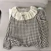 Pijama doble largo de encaje de algodón nube a cuadros amarillos, conjunto fino y amigable con la piel para casa para mujer en primavera y otoño