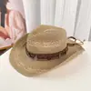 Sombrero de vaquero western de paja estilo étnico, sombrero de paja para el sol para viajes por la pradera para mujeres, sombrero de playa de ala ancha de verano para vacaciones