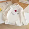 Camiseta de Veludo Fofa Estilo Coreano Outono e Inverno para Meninas Nova Desenho Animado Urso Cereja Gola de Renda Forrada com Lã