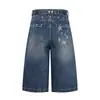 Pantalones Cortos de Mezclilla Cropped con Tachuelas de Estrella Estilo Americano Picante para Hombres y Mujeres, Nuevos de Verano Ajustables Sueltos Casuales de Pierna Ancha