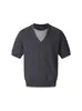 Camiseta de Punto Color Block con Cuello en V de Manga Corta, Estilo Old Money Americano, Falsa de Dos Piezas, Unisex, Minimalista, Perezoso, Casual, Moderna