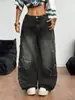 Calça jeans feminina europeia e americana com enfeites de estrela, bordas desfiadas, perna larga, lavada, estilo retrô americano, cintura alta, solta, calça comprida até o chão
