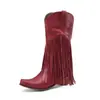 Botas Femininas de Comércio Exterior Botas Retro Europeias e Americanas de Cano Médio Salto Grosso Salto Alto Bico Redondo Botas Western Cowboy Botas de Cavaleiro com Franjas Botas