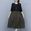 Vestido de Bloques de Color con Bolsillo de Botón Cuello Redondo para Mujer Primavera Otoño Tallas Grandes Gorditas MM Ropa de Mamá Rejuvenecedor Elegante Holgado Falda Midi