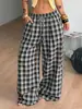 Pantalones de Pierna Ancha de Cintura Alta Elásticos con Cordón a Cuadros Retro Y2K Transfronterizos Europeos y Americanos de 2026 con Bolsillo Lateral Estilo Perezoso Largos hasta el Suelo