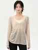 Sudadera con capucha para fitness para mujer, jersey de cuello en V, manga larga, holgada, adelgazante, caída, ligeramente transparente, ropa exterior de otoño, conjunto de pantalones de yoga, ropa para mujer