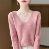 Suéter de punto sin costuras 100% lana con cuello en V y puntos de colores, corte holgado, adelgazante, color liso, suéter base de punto para mujer