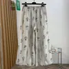 Pantalones anchos de algodón y lino con estampado estilo étnico para mujer, verano, elegantes, rejuvenecedores, con dobladillo tipo falda, pantalones casuales de algodón y lino de cintura alta retro