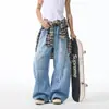 Calça Jeans Wide Leg Rasgada Azul Escuro para Homens, Novo Estilo de Verão, Moda High Street Americana, Marca Tendência, Calça Flare Descolada e Estilosa