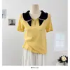 Blusa de Tricô com Gola Peter Pan, Zíper e Manga Curta, Patchwork Color-Blocking em Cores de Nicho Inspiradas em Design para Mulheres, Verão, Slim Fit que Reduz a Idade