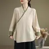 Camisa Hanfu modificada estilo chinês retrô com gravata diagonal para mulheres, corte solto, tamanho grande, traje de chá inspirado no Zen, top de algodão e linho para primavera