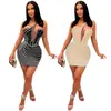 C5919 Aliexpress Amazon Moda Europea y Americana Sexy Discoteca Pedrería Cuello Diagonal Malla Transparente Vestido Midi
