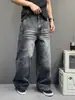 Efecto de bigote tridimensional estilo americano, diseño discreto, jeans de pierna recta para hombre, holgados y versátiles, con un estilo de pierna ancha, drapeado y lavado vintage para mujer