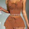 2025Jfl15289 Camiseta de Manga Corta con Vuelo Pequeño Ajustada Cuello Cuadrado para Mujer con Cordón Plisado Lazo Irregular