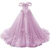 Tule de Colores al por Mayor 2026 Nuevo Verano Novia Solo Actuación Vestido Abullonado Hombros Descubiertos con Cola Boda Vestido de Princesa