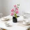 Tacto Realista 3D Magnolia de Cinco Pétalos Artificial Flor Vertical Rayada Maceta Redonda Bonsái Decoración Mesa de Comedor Sala de Estar Flor Artificial Planta Verde Adorno en Maceta
