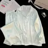 Pijama Transfronteiriço de Seda de Gelo para Mulheres, Estilo Fino para Primavera e Outono, Cardigã Doce Estilo Ins, Manga Longa, Calça Longa, Conjunto Solto para Casa