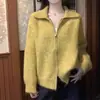 Cárdigan de Punto de Color Sólido Estilo Casual para Mujer, Versión Coreana, Corte Holgado, Cuello Solapa, Suéter Abrigo con Doble Cremallera, Lana de Alpaca para la Temporada Navideña