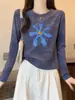 Camiseta feminina de algodão puro com manga longa e design estiloso, top tie-dye azul versátil, nova moda outono 2026