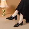 Sapatos de salto alto bico fino para mulheres, novo estilo outono e inverno 2026, sem cadarço com salto grosso e fivela de metal, sapatos de couro simples e elegantes para o dia a dia
