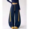 Pantalones atléticos de pierna ancha de cintura alta relajados de otoño para mujer, con diseño de tres rayas, estilo casual de pierna curva, pantalones deportivos a rayas con bloques de color versátiles