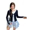 Patchwork Cor Contrastante Estampa Floral Falso Duas Peças Camiseta de Manga Longa Feminina Outono Inicial Novo Estilo Emagrecedor Estilo Coreano Chique Único Top Pequeno