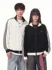 Sudadera cárdigan de retazos bicolor con bordado de letras para hombre, corte holgado, textura de rayas verticales, chaqueta resistente de estilo americano de marca de moda con cuello alto
